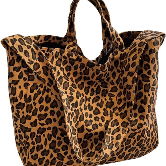 Leopard Print Canvas Tote Bag Cheetah Crossbody for Women Large Capacity - Picture 1 of 7